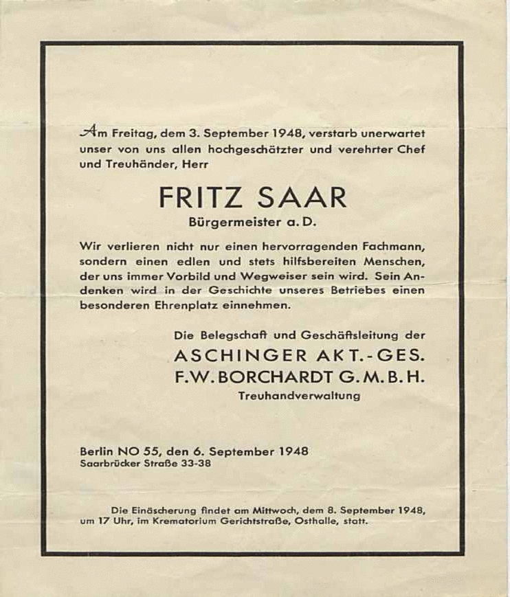 Todesanzeige Fritz Saar, 1948.
