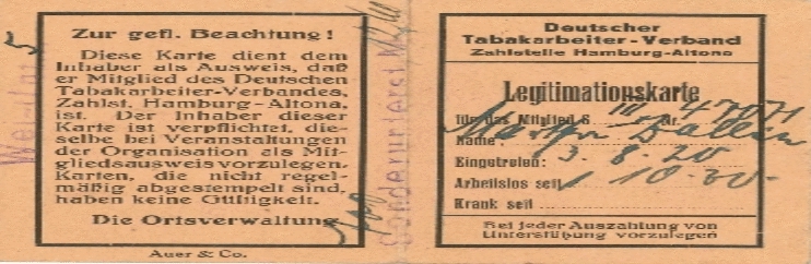 Mitgliedsausweis von Martha Zallin vom Deutschen Tabakarbeiter-Verband.